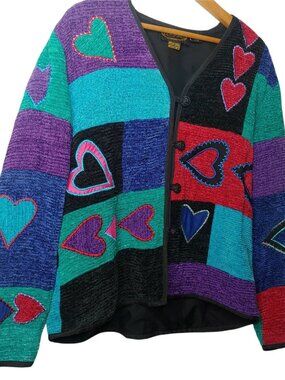 Alex Kim Wearable Art Patchwork Jacket Small Hearts Colorful Lined Love Boho